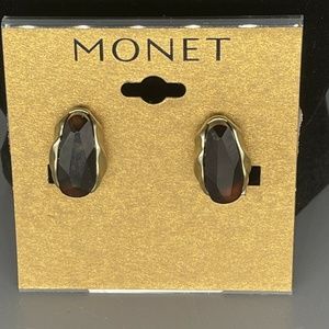 Vintage Monet Clip Earrings, Silver tone with Dark Amber Black Center
